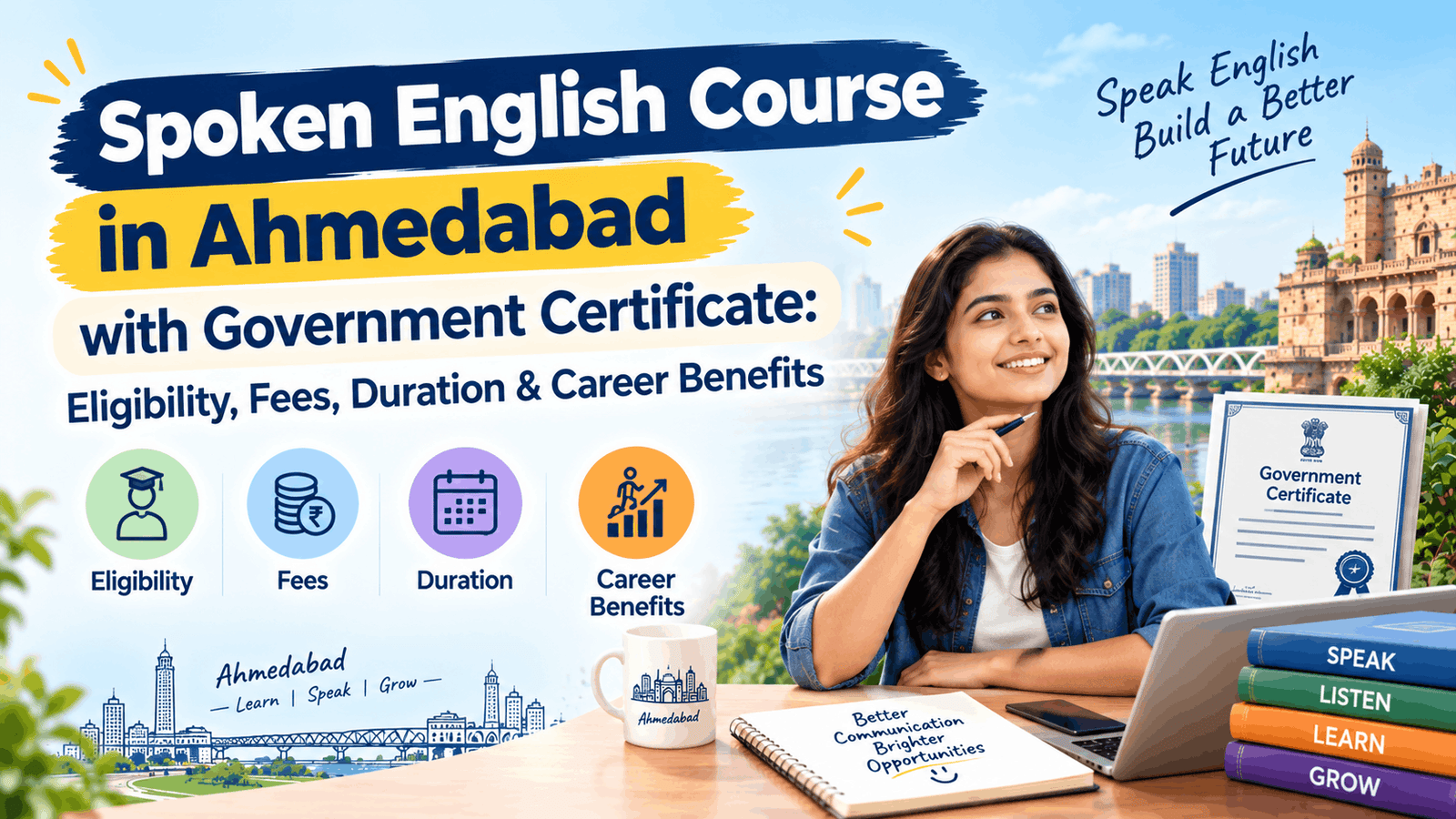 Act as a Professional blog writer. Create blog content Text on the topic below; don't create duplicate content, its should be organic. Fully SEO-published version with Meta Title, Meta Description, URL Slug, Focus Keywords, optimize with GEO, AIO & AEO Online vs Classroom Spoken English Course in Ahmedabad: Which Training Option Is Best?